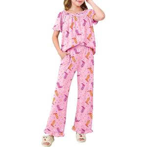 Arshiner Girls Pajamas Soft 2 Piece Pjs Sets Ruffle Short Sleeve Long Pants Sleepwear(Pink Boots)