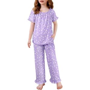Arshiner Girls Pajamas Soft 2 Piece Pjs Sets Ruffle Short Sleeve Long Pants Sleepwear(Purple Stars)