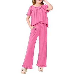 Arshiner Girls Pajamas Soft 2 Piece Pjs Sets Ruffle Short Sleeve Long Pants Sleepwear(Rose Red)