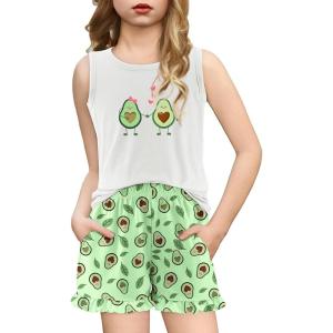 Arshiner Girls Pajamas Summer Ruffle Sleepwear Cute Tank Top and Shorts Set Pjs Outfit(Avocado)