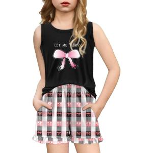 Arshiner Girls Pajamas Summer Ruffle Sleepwear Cute Tank Top and Shorts Set Pjs Outfit(Bow Plaid)