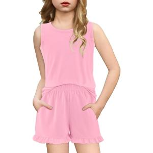 Arshiner Girls Pajamas Summer Ruffle Sleepwear Cute Tank Top and Shorts Set Pjs Outfit(Pink)