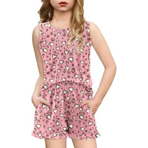 Arshiner Girls Pajamas Summer Ruffle Sleepwear Cute Tank Top and Shorts Set Pjs Outfit(Pink Leopard)