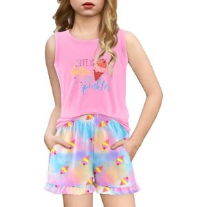 Arshiner Girls Pajamas Summer Ruffle Sleepwear Cute Tank Top and Shorts Set Pjs Outfit(Tie-dye Ice Cream)