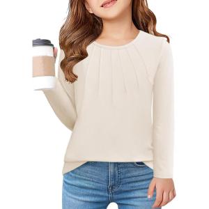 Arshiner Girls Pleated Long Sleeve Shirts Crewneck Casual Fashion Tops Blouse Tee(Beige)