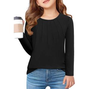 Arshiner Girls Pleated Long Sleeve Shirts Crewneck Casual Fashion Tops Blouse Tee(Black)