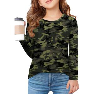 Arshiner Girls Pleated Long Sleeve Shirts Crewneck Casual Fashion Tops Blouse Tee(Camo)