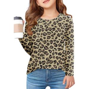 Arshiner Girls Pleated Long Sleeve Shirts Crewneck Casual Fashion Tops Blouse Tee(Leopard)