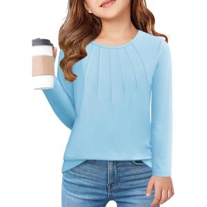 Arshiner Girls Pleated Long Sleeve Shirts Crewneck Casual Fashion Tops Blouse Tee(Light Blue)
