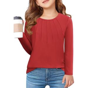 Arshiner Girls Pleated Long Sleeve Shirts Crewneck Casual Fashion Tops Blouse Tee(Red)