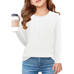 Arshiner Girls Pleated Long Sleeve Shirts Crewneck Casual Fashion Tops Blouse Tee(White)