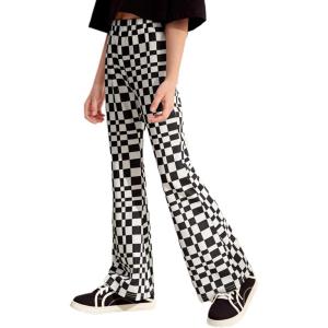 Arshiner Girls Print Flare Leggings Kids Elastic High Waisted Bell Bottoms Yoga Pants with Pockets(Black Checkered)