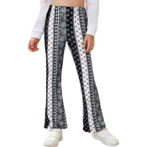 Arshiner Girls Print Flare Leggings Kids Elastic High Waisted Bell Bottoms Yoga Pants with Pockets(Black White Floral)