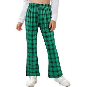 Arshiner Girls Print Flare Leggings Kids Elastic High Waisted Bell Bottoms Yoga Pants with Pockets(Green Black Plaid)