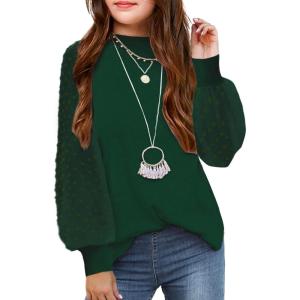 Arshiner Girls Puff Long Sleeve Sweaters Crewneck Lace Polka Dot Casual Knit Tops Pullover Jumper Outwear for Kids(Dark Green)