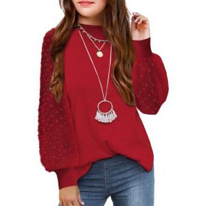 Arshiner Girls Puff Long Sleeve Sweaters Crewneck Lace Polka Dot Casual Knit Tops Pullover Jumper Outwear for Kids(Dark Red)