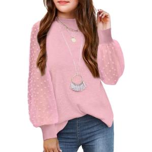 Arshiner Girls Puff Long Sleeve Sweaters Crewneck Lace Polka Dot Casual Knit Tops Pullover Jumper Outwear for Kids(Pink)