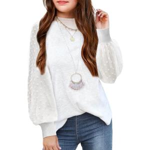 Arshiner Girls Puff Long Sleeve Sweaters Crewneck Lace Polka Dot Casual Knit Tops Pullover Jumper Outwear for Kids(White)