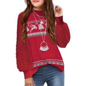 Arshiner Girls Puff Long Sleeve Sweaters Crewneck Lace Polka Dot Casual Knit Tops Pullover Jumper Outwear for Kids(Xmas Pattern)