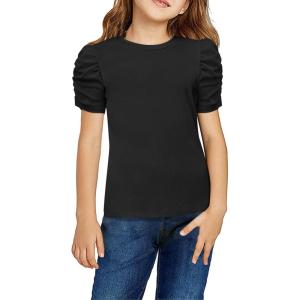 Arshiner Girls Puff Short Sleeve Shirts Summer Ribbed Knit Crewneck T Shirt Tops Tee Blouse(Black)