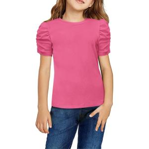 Arshiner Girls Puff Short Sleeve Shirts Summer Ribbed Knit Crewneck T Shirt Tops Tee Blouse(Rose Red)