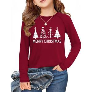 Arshiner Girls Raglan Long Sleeve Shirts Crew Neck Soft Casual Tunic Tops Kids Girls Basic Tees Blouses(Christmas Red-a)