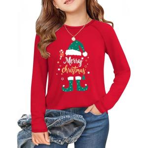 Arshiner Girls Raglan Long Sleeve Shirts Crew Neck Soft Casual Tunic Tops Kids Girls Basic Tees Blouses(Christmas Red-b)