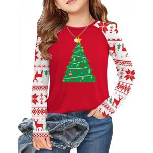Arshiner Girls Raglan Long Sleeve Shirts Crew Neck Soft Casual Tunic Tops Kids Girls Basic Tees Blouses(Christmas Red-c)