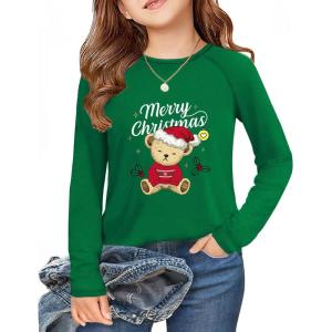 Arshiner Girls Raglan Long Sleeve Shirts Crew Neck Soft Casual Tunic Tops Kids Girls Basic Tees Blouses(Christmas Teddy-a)