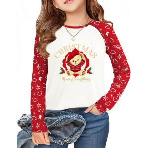 Arshiner Girls Raglan Long Sleeve Shirts Crew Neck Soft Casual Tunic Tops Kids Girls Basic Tees Blouses(Christmas Teddy-b)