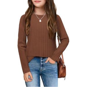 Arshiner Girls Raglan Long Sleeves Shirts Textured Knit Tops for Girls Casual Soft Kids Loose Blouse Tee(Brown)