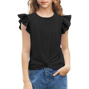 Arshiner Girls Shirt – Short-Sleeve Twist Front T-Shirt for Girls with Cute Flying Sleeves – Summer Blouse Tunic Tee Tops(Black)