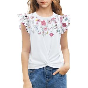 Arshiner Girls Shirt – Short-Sleeve Twist Front T-Shirt for Girls with Cute Flying Sleeves – Summer Blouse Tunic Tee Tops(Flowers)