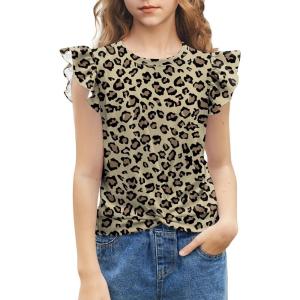 Arshiner Girls Shirt – Short-Sleeve Twist Front T-Shirt for Girls with Cute Flying Sleeves – Summer Blouse Tunic Tee Tops(Leopard Print)