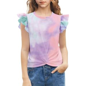 Arshiner Girls Shirt – Short-Sleeve Twist Front T-Shirt for Girls with Cute Flying Sleeves – Summer Blouse Tunic Tee Tops(Tie Dye)