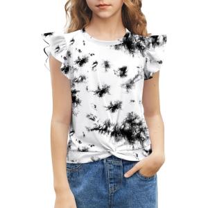 Arshiner Girls Shirt – Short-Sleeve Twist Front T-Shirt for Girls with Cute Flying Sleeves – Summer Blouse Tunic Tee Tops(Tie Dye Black/White)