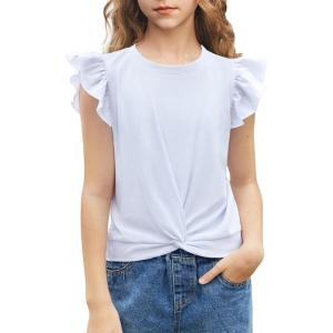 Arshiner Girls Shirt – Short-Sleeve Twist Front T-Shirt for Girls with Cute Flying Sleeves – Summer Blouse Tunic Tee Tops(White)