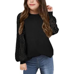 Arshiner Girls Shirts Lace Raglan Long Sleeves Crewneck Casual Soft Kids Blouse Tee Tops(Black)