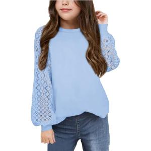 Arshiner Girls Shirts Lace Raglan Long Sleeves Crewneck Casual Soft Kids Blouse Tee Tops(Light Blue)