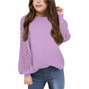 Arshiner Girls Shirts Lace Raglan Long Sleeves Crewneck Casual Soft Kids Blouse Tee Tops(Purple)
