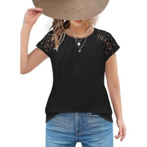 Arshiner Girls Shirts Short Sleeves Lace Pleated Kids Summer Tops Casual Crewneck Blouses Tees(Black)