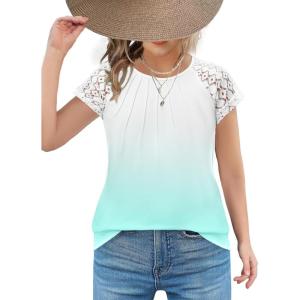 Arshiner Girls Shirts Short Sleeves Lace Pleated Kids Summer Tops Casual Crewneck Blouses Tees(Gradient Green)