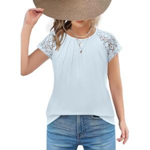 Arshiner Girls Shirts Short Sleeves Lace Pleated Kids Summer Tops Casual Crewneck Blouses Tees(Light Blue)