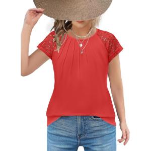 Arshiner Girls Shirts Short Sleeves Lace Pleated Kids Summer Tops Casual Crewneck Blouses Tees(Red)