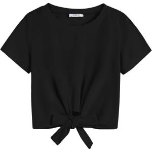 Arshiner Girls Short Sleeve Shirts Tie Knot Front Tops T Shirts for Kids Crewneck Cute Casual Tie Dye Tee Blouse(Black)