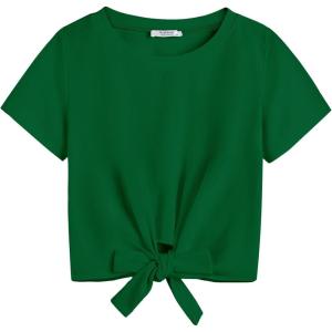 Arshiner Girls Short Sleeve Shirts Tie Knot Front Tops T Shirts for Kids Crewneck Cute Casual Tie Dye Tee Blouse(Dark Green)