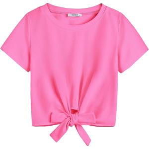 Arshiner Girls Short Sleeve Shirts Tie Knot Front Tops T Shirts for Kids Crewneck Cute Casual Tie Dye Tee Blouse(Dark Pink)