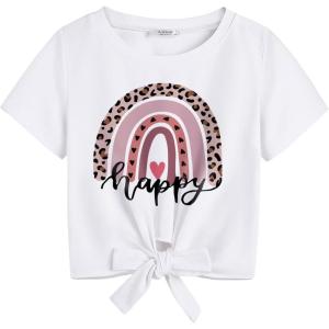 Arshiner Girls Short Sleeve Shirts Tie Knot Front Tops T Shirts for Kids Crewneck Cute Casual Tie Dye Tee Blouse(Happy Rainbow)