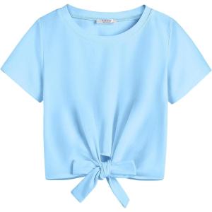 Arshiner Girls Short Sleeve Shirts Tie Knot Front Tops T Shirts for Kids Crewneck Cute Casual Tie Dye Tee Blouse(Light Blue)