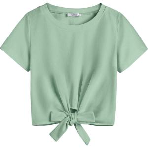 Arshiner Girls Short Sleeve Shirts Tie Knot Front Tops T Shirts for Kids Crewneck Cute Casual Tie Dye Tee Blouse(Light Green)